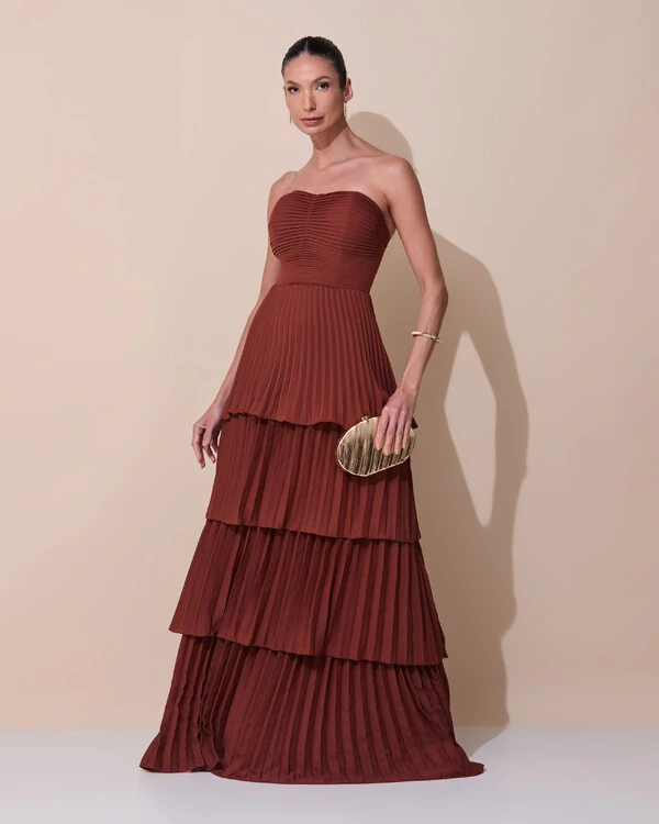Vestido de Festa Longo Tomara que Caia Crepe Chiffon Plissado Camadas Marrom New