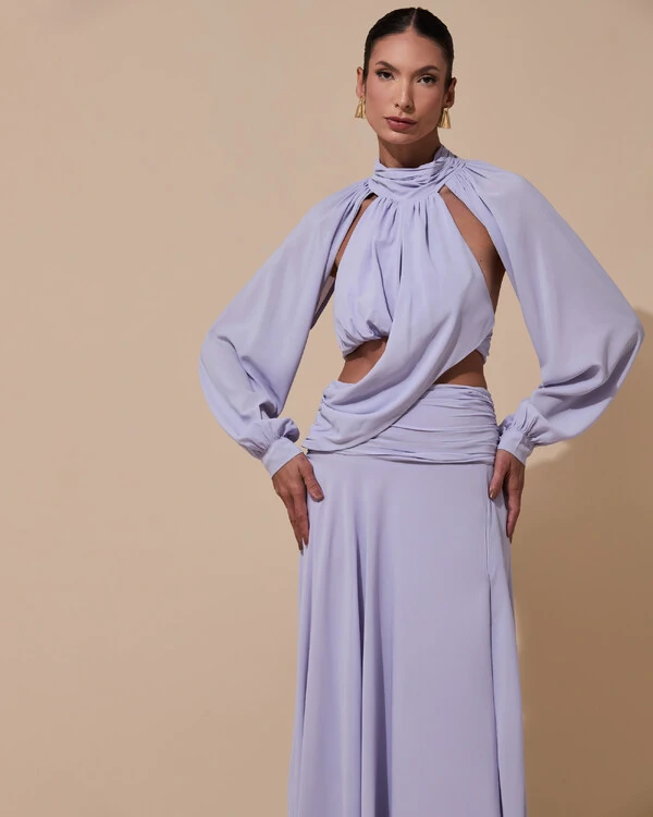 Vestido de Festa Longo Gola Alta Crepe Chiffon Recortes Drapeado Manga Longa Fenda Lilás Claro