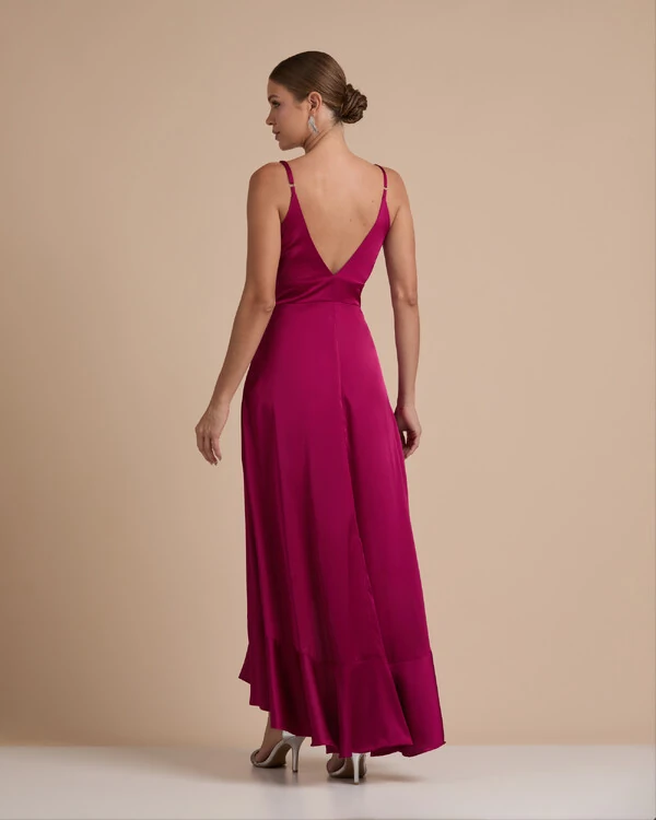 Vestido Midi Babado Acetinado Beterraba