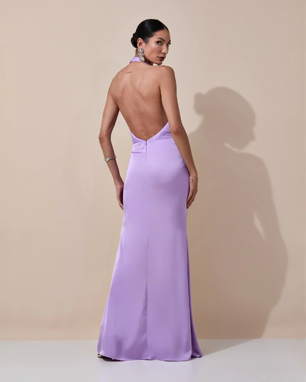 Vestido de Festa Longo Frente Única Decote V Cetim Drapeado Faixa Lilás