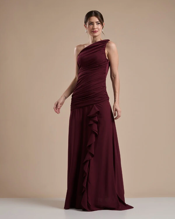 Vestido de Festa Longo Crepe Chiffon Um Ombro Só Drapeado com Babado Cascata Marsala