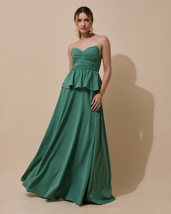 Vestido de Festa Longo Crepe Chiffon Tomara que Caia Peplum Drapeado Verde Matcha Escuro