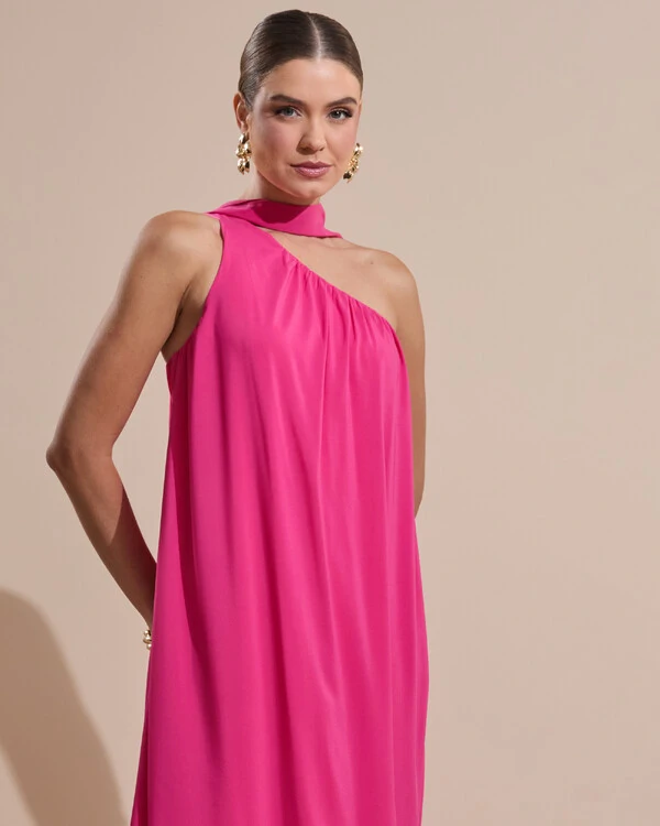 Vestido de Festa Longo Crepe Fluido um Ombro Só com Lenço Pink New
