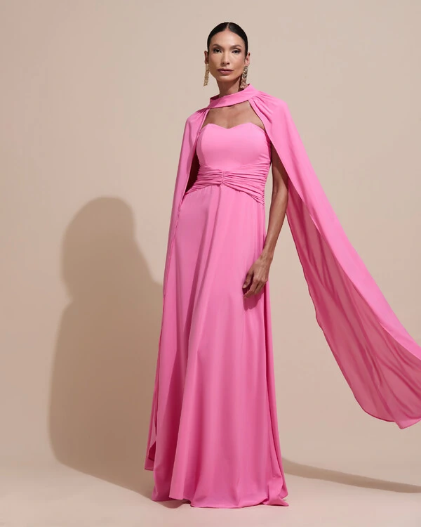 Vestido de Festa Longo Tomara Que Caia Crepe Chiffon Drapeado Capa Rosa