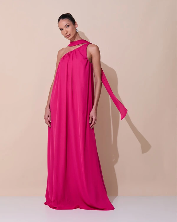 Vestido de Festa Longo Crepe Fluido um Ombro Só com Lenço Pink Escuro