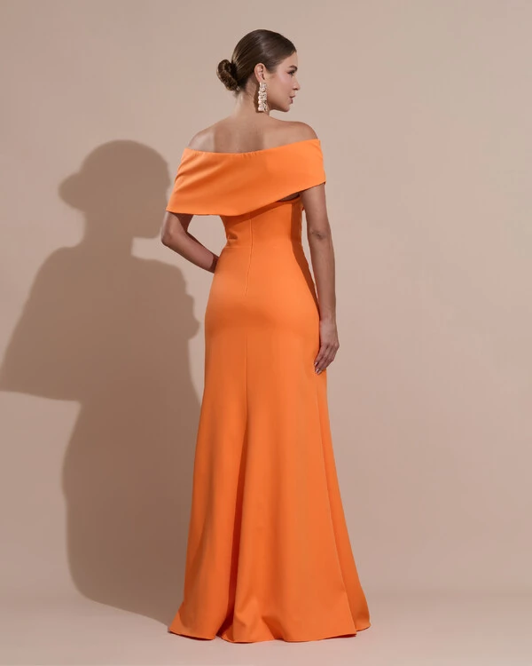 Vestido de Festa Longo Alfaiataria Ombro a Ombro com Babado Cascata Laranja