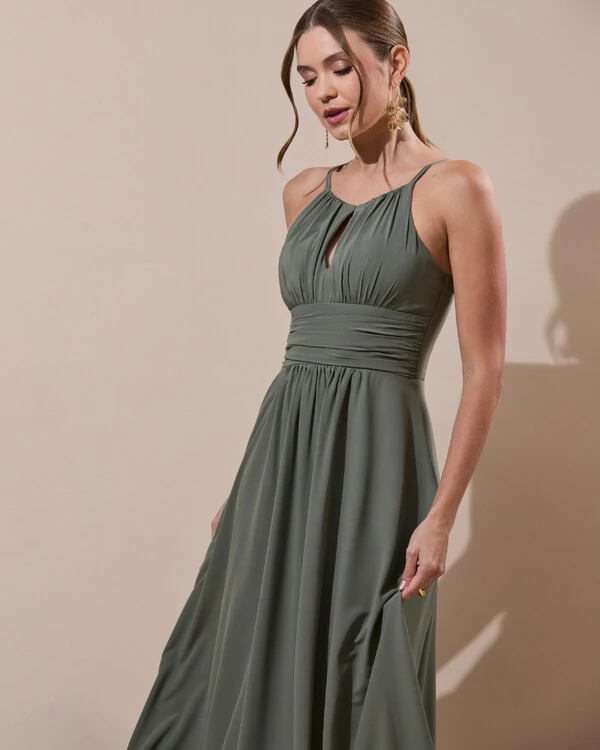 Vestido de Festa Longo Crepe Chiffon Drapeado com Alças e Saia Fluida Verde Oliva