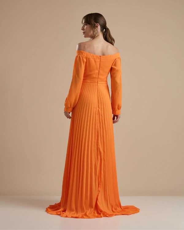 Vestido de Festa Longo Crepe Chiffon Plissado Ombro a Ombro Laranja