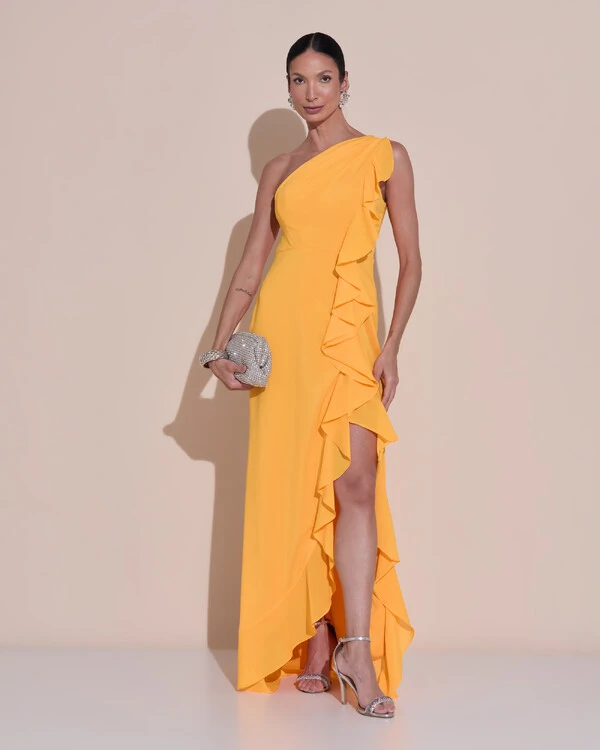 Vestido de Festa Midi Um Ombro Só Crepe Chiffon Babados Cascata Fenda Laranja Manga New