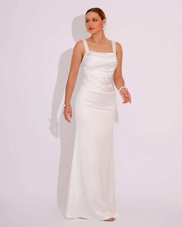 Vestido Longo de Festa Cetim Alfaiataria Drapeado Sereia Branco
