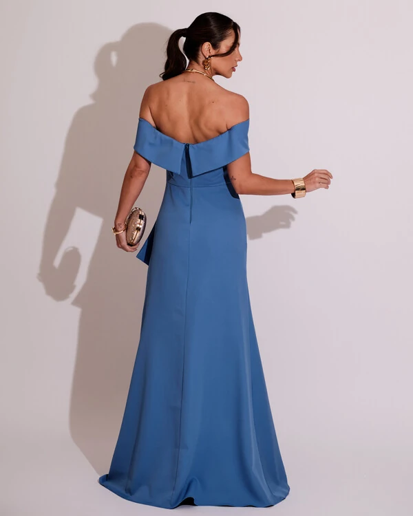 Vestido de Festa Longo Ombro a Ombro com Fenda em Alfaiataria Azul Atlantis