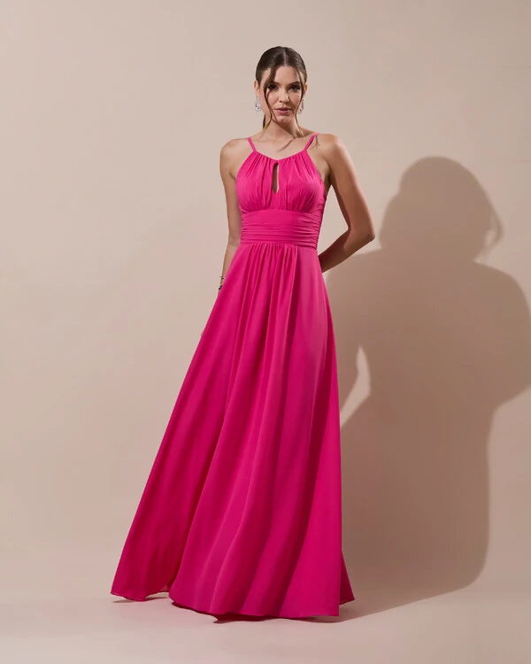 Vestido de Festa Longo Crepe Chiffon Drapeado com Alças e Saia Fluida Pink New