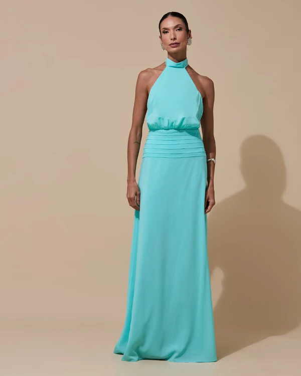Vestido de Festa Longo Frente Única Busto Blousê Crepe Chiffon Drapeado Tiffany