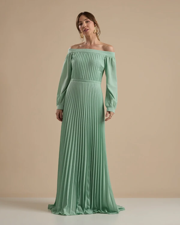 Vestido de Festa Longo Crepe Chiffon Plissado Ombro a Ombro Verde Menta