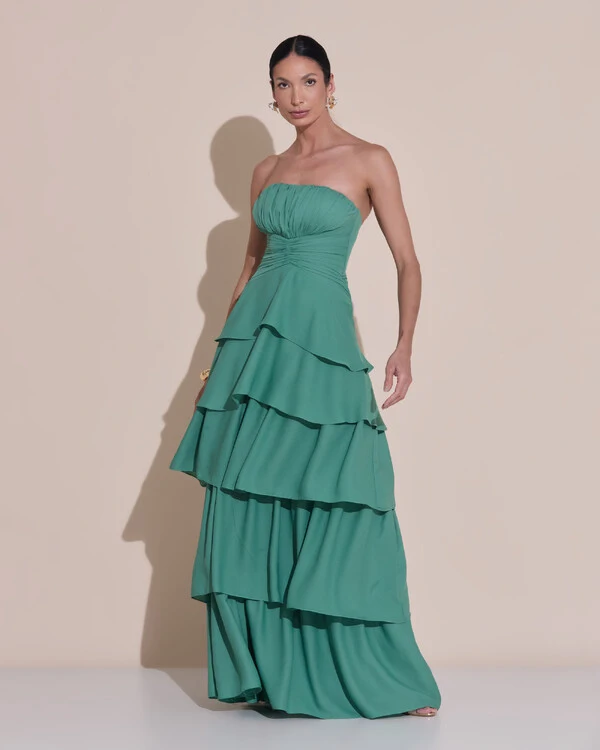 Vestido de Festa Longo Tomara que Caia Drapeado Crepe Chiffon Babados Camadas Verde Matcha Escuro