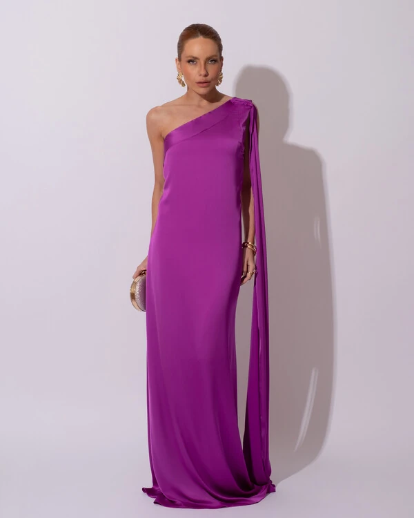 Vestido de Festa Longo Cetim Um Ombro Só Detalhe Lenço Fúcsia