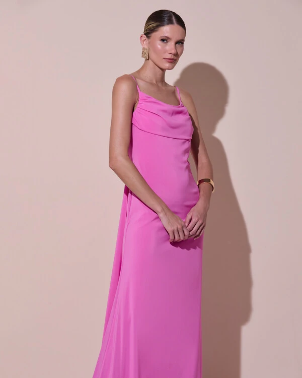 Vestido de Festa Longo Crepe Chiffon Costas Lenço Cauda Rosa New