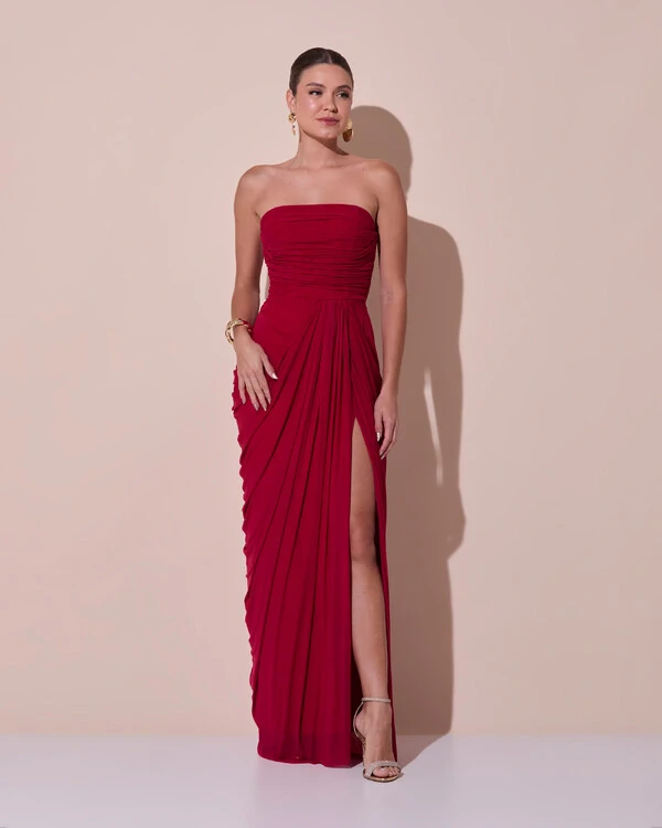 Vestido De Festa Longo Tomara que Caia Tule Drapeado Fenda Cereja