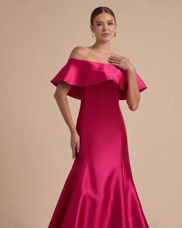 Vestido de Festa Longo Zibeline Ombro a Ombro com Babado Pink New