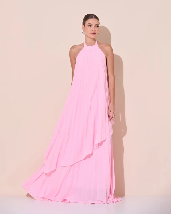 Vestidos de Festa Longo Chiffon Fluido Frente Única Plissado Duplo Rosa Claro