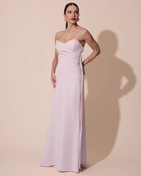 Vestido de Festa Longo Alfaiataria Tomara que Caia Drapeado Faixa Rosa Claro