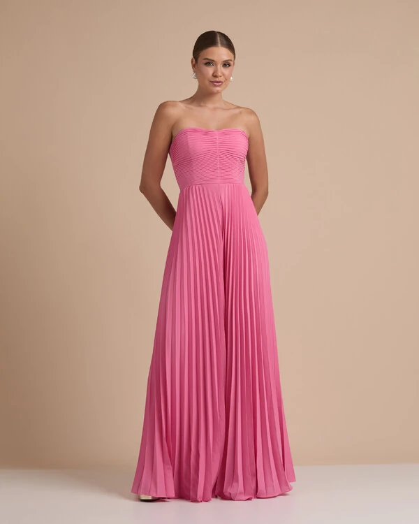 Macacão de Festa Longo Crepe Chiffon Tomara que Caia Plissado com Lenço Rosa