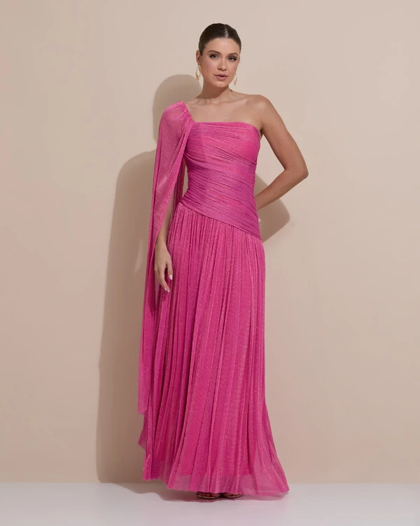 Vestido de Festa Longo Um ombro Só Tule Brilho Drapeado Capa Pink