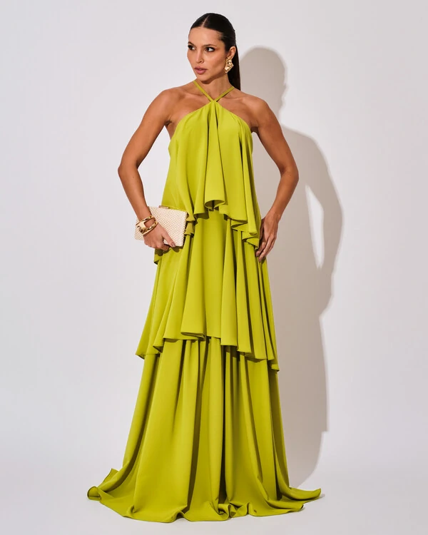 Vestido Longo Crepe Chiffon Babado em Camadas Verde Pistache