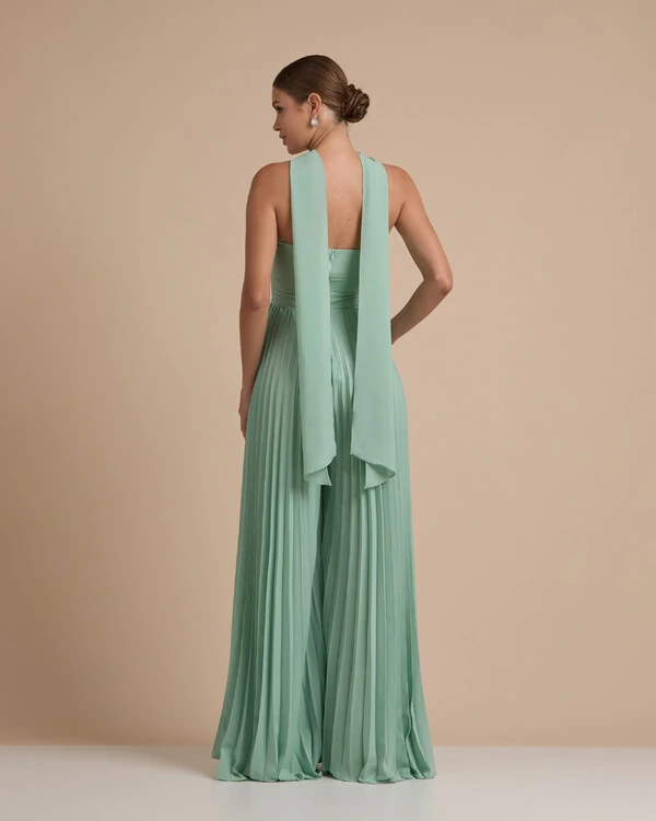 Macacão de Festa Longo Crepe Chiffon Tomara que Caia Plissado com Lenço Verde Menta