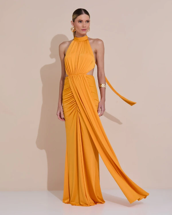 Vestido de Festa Longo Malha Jersey Gola Alta Saia Sereia Laranja Manga New