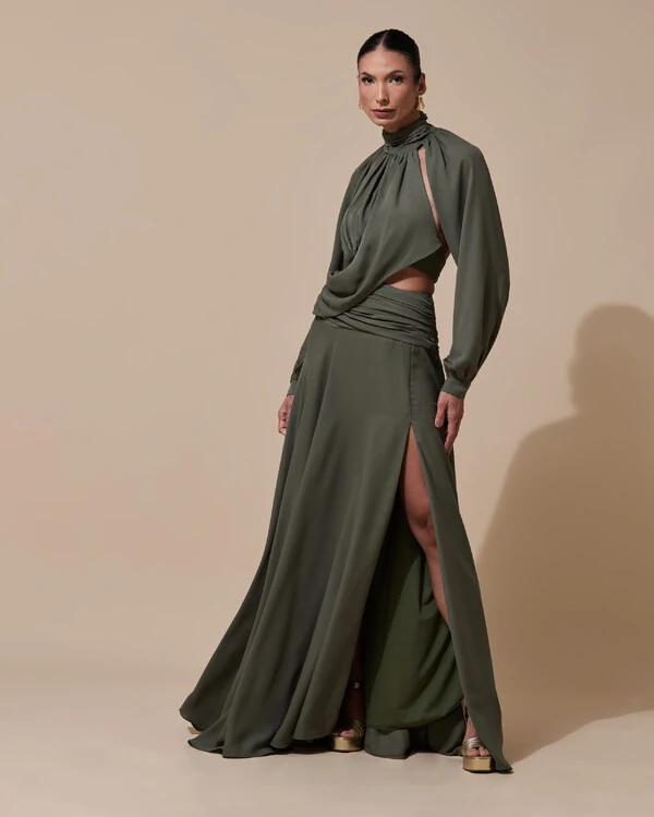 Vestido de Festa Longo Gola Alta Crepe Chiffon Recortes Drapeado Manga Longa Fenda Verde Oliva