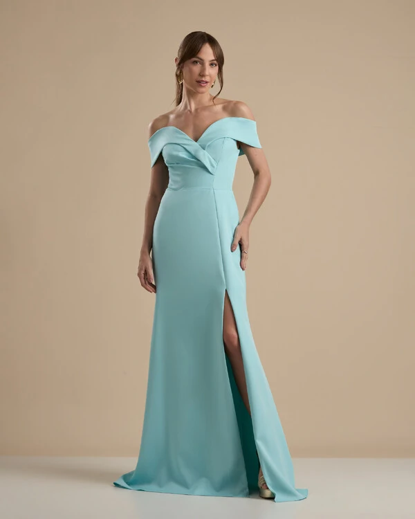 Vestido de Festa Longo Alfaiataria Ombro a Ombro com Fenda Tiffany