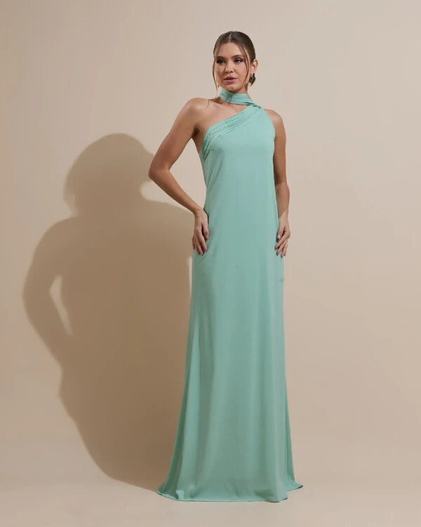 Vestido de Festa Longo Crepe Chiffon Um Ombro Só Drapeado Verde Menta