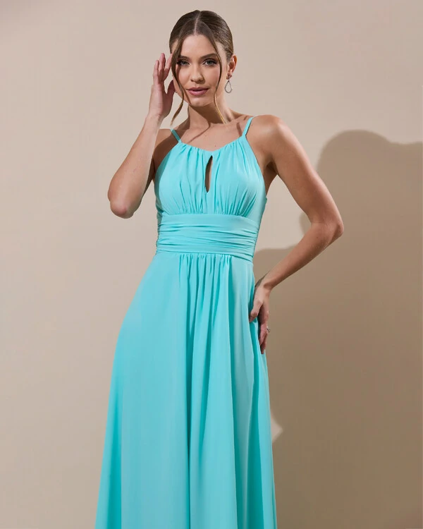 Vestido de Festa Longo Crepe Chiffon Drapeado com Alças e Saia Fluida Tiffany