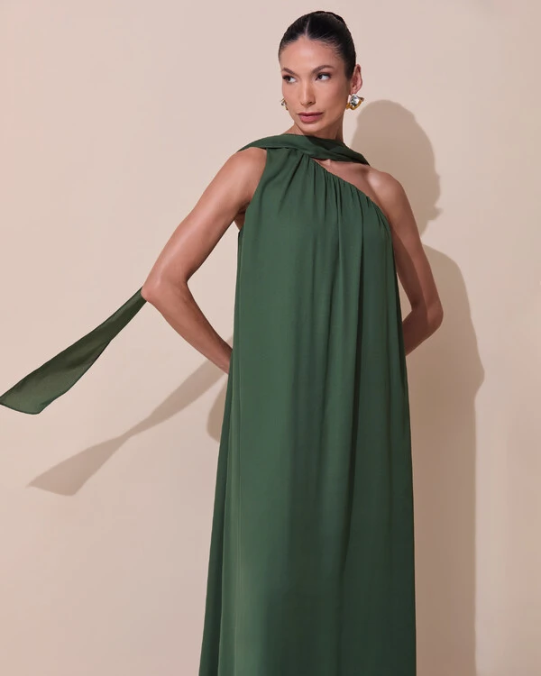 Vestido de Festa Longo Crepe Fluido um Ombro Só com Lenço Verde Escuro New