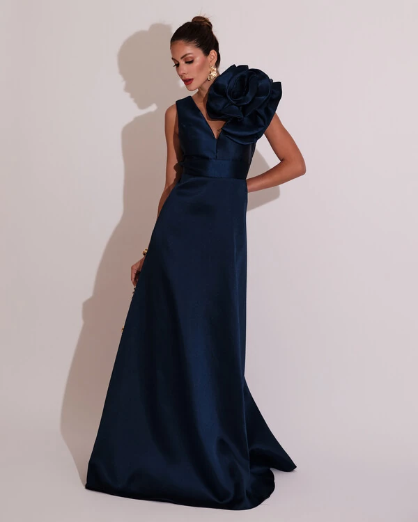 Vestido de Festa longo Zibeline Flor Azul Marinho
