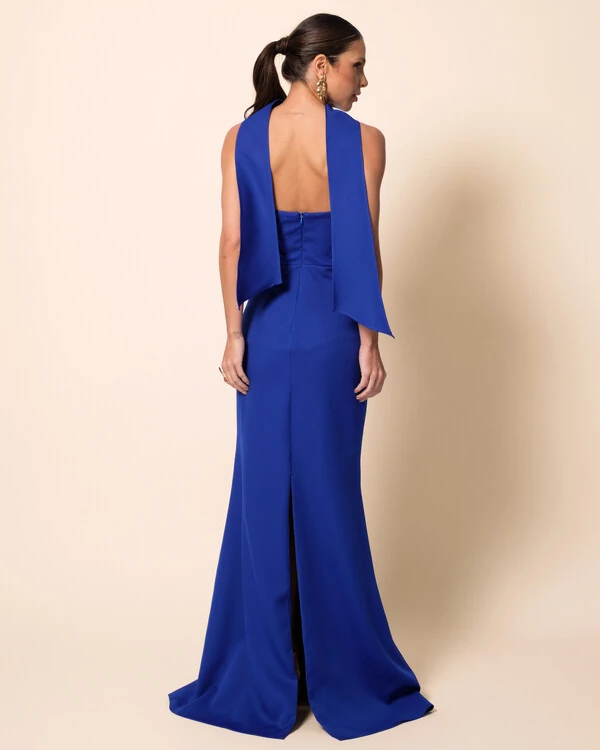 Vestido de Festa Longo Alfaiataria Tomara que Caia Saia Sereia com Lenço Azul Royal