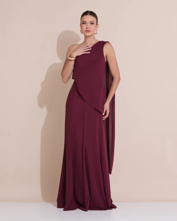 Vestido de Festa Longo Um Ombro Só Crepe Chiffon Lenço Marsala