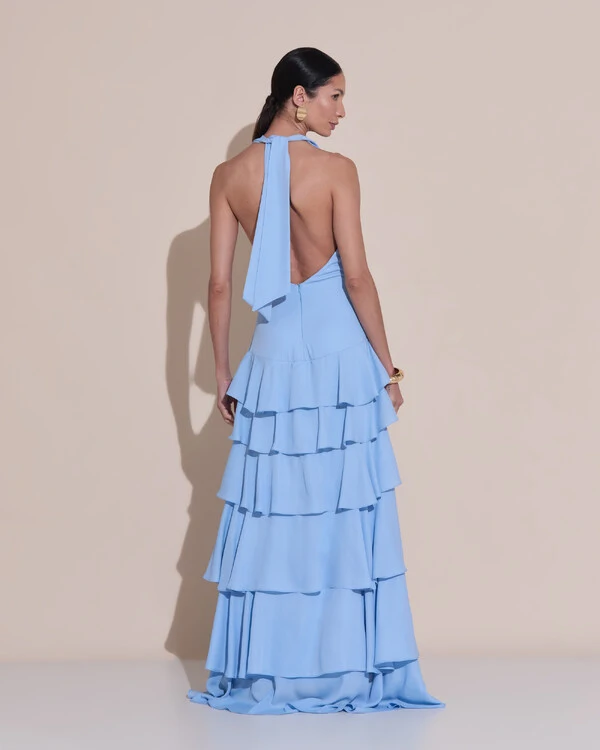 Vestido De Festa Longo Frente Única Degagê Crepe Chiffon Babados Mullet Serenity