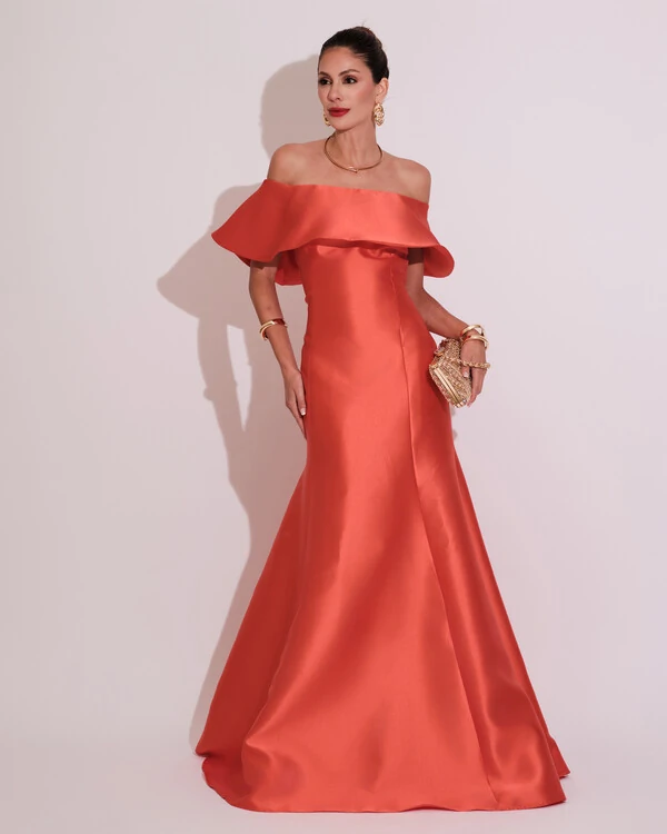 Vestido de Festa Longo Ombro a Ombro Zibeline com Babado Laranja