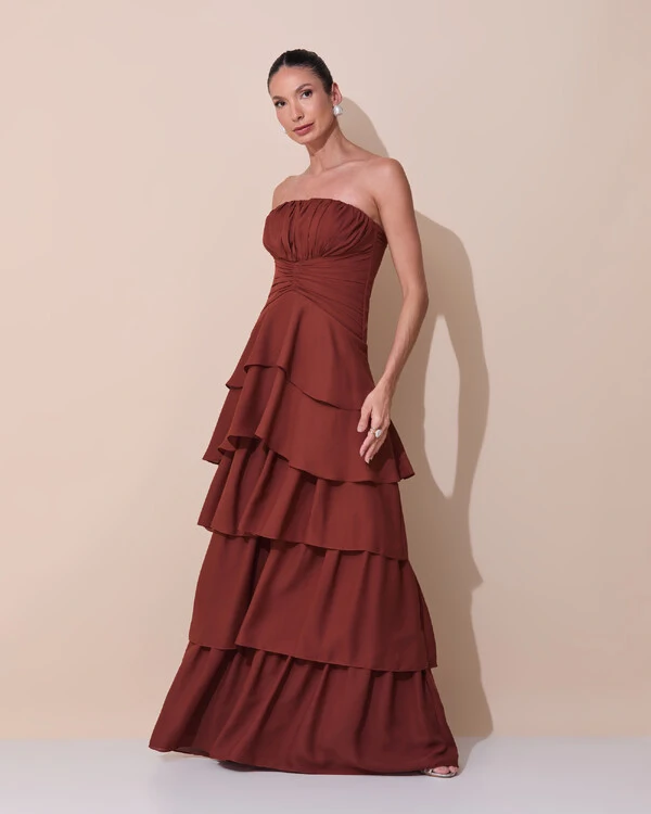 Vestido de Festa Longo Tomara que Caia Drapeado Crepe Chiffon Babados Camadas Marrom New