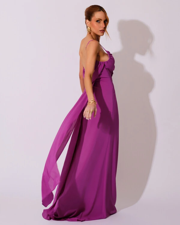 Vestido de Festa Longo Crepe Chiffon Costas Lenço Cauda Fúcsia