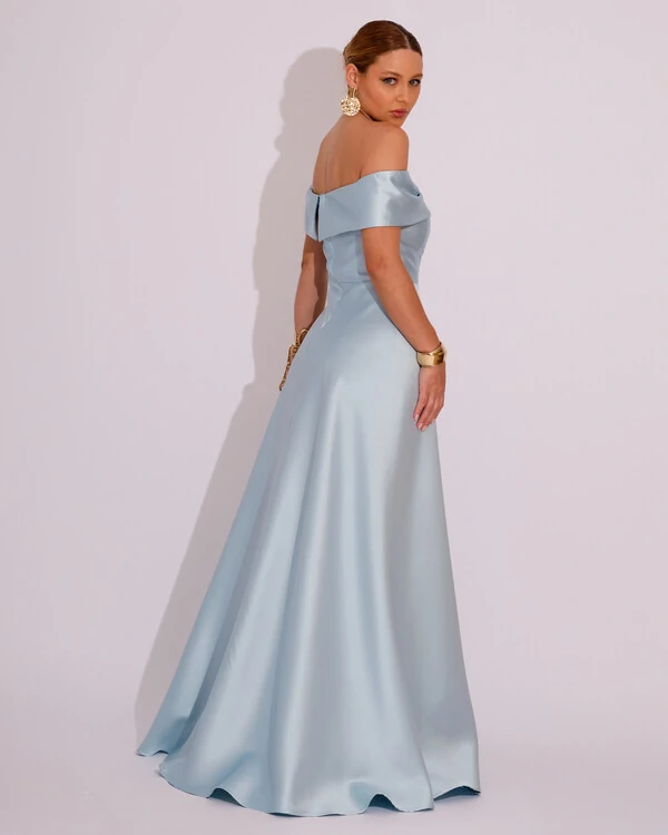 Vestido de Festa Longo Ombro a Ombro Laço Zibeline com Fenda Tiffany
