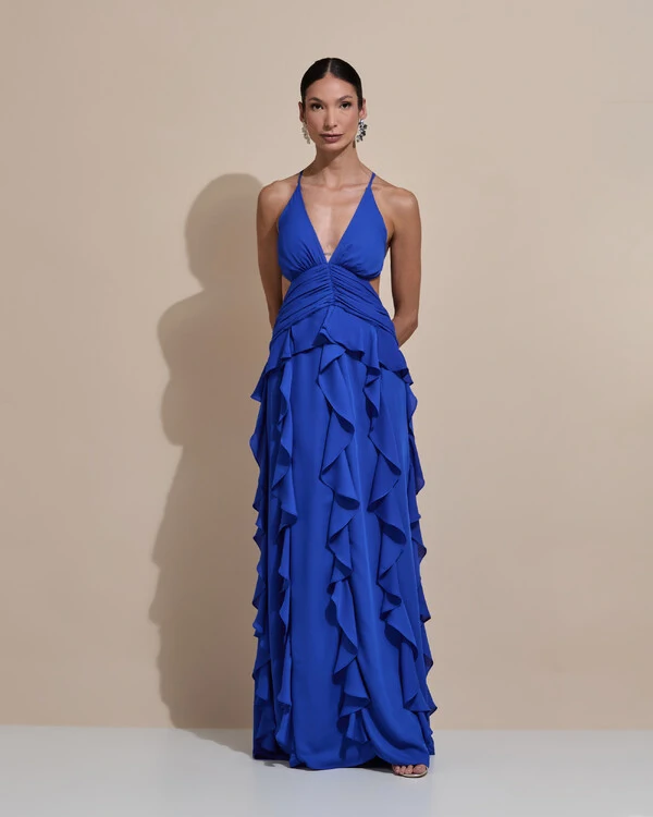 Vestido de Festa Longo Decote V Recortes Drapeado Crepe Chiffon Babados Cascata Azul Royal