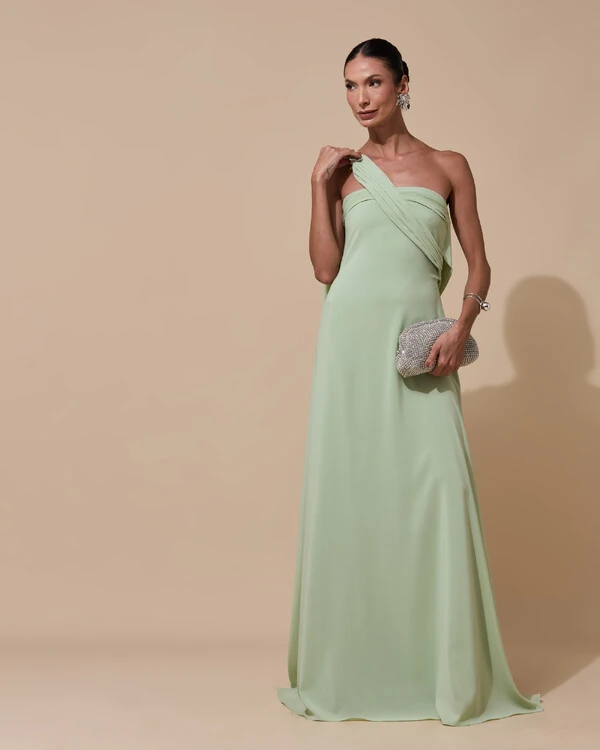 Vestido de Festa Longo Tomara que Caia Crepe Chiffon Lenço Drapeado Costas Trançada Verde Menta New