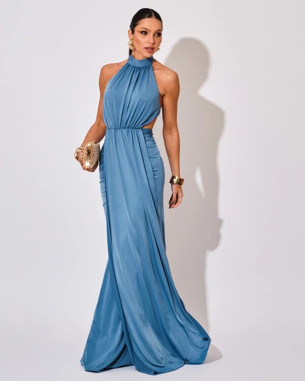 Vestido de Festa Longo Malha Jersey Gola Alta Saia Sereia Azul Atlantis