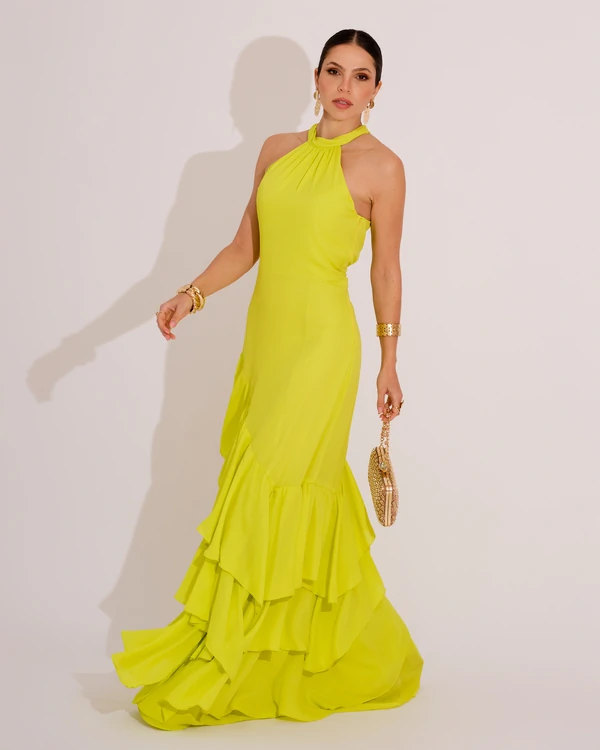 Vestido de Festa Longo Decote Halter com Babados Verde Lima