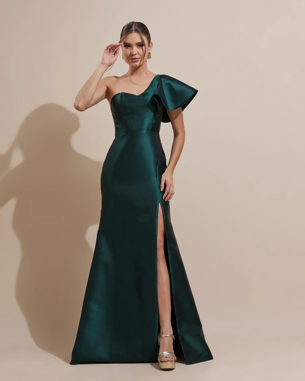 Vestido de Festa Longo um Ombro Tomara que Caia Zibeline Verde Escuro