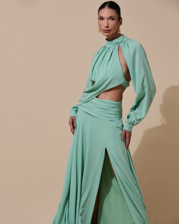 Vestido de Festa Longo Gola Alta Crepe Chiffon Recortes Drapeado Manga Longa Fenda Verde Menta
