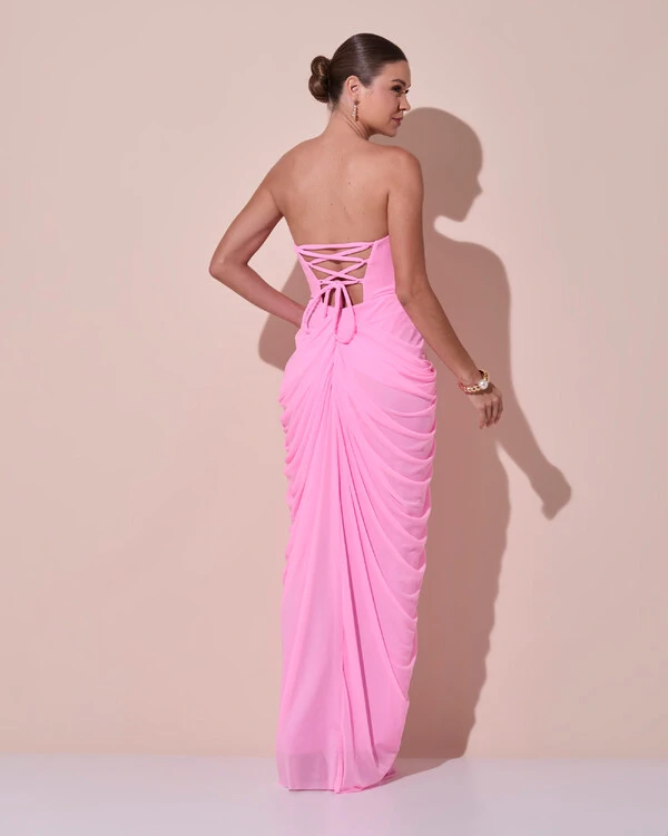 Vestido De Festa Longo Tomara que Caia Tule Drapeado Fenda Rosa Claro